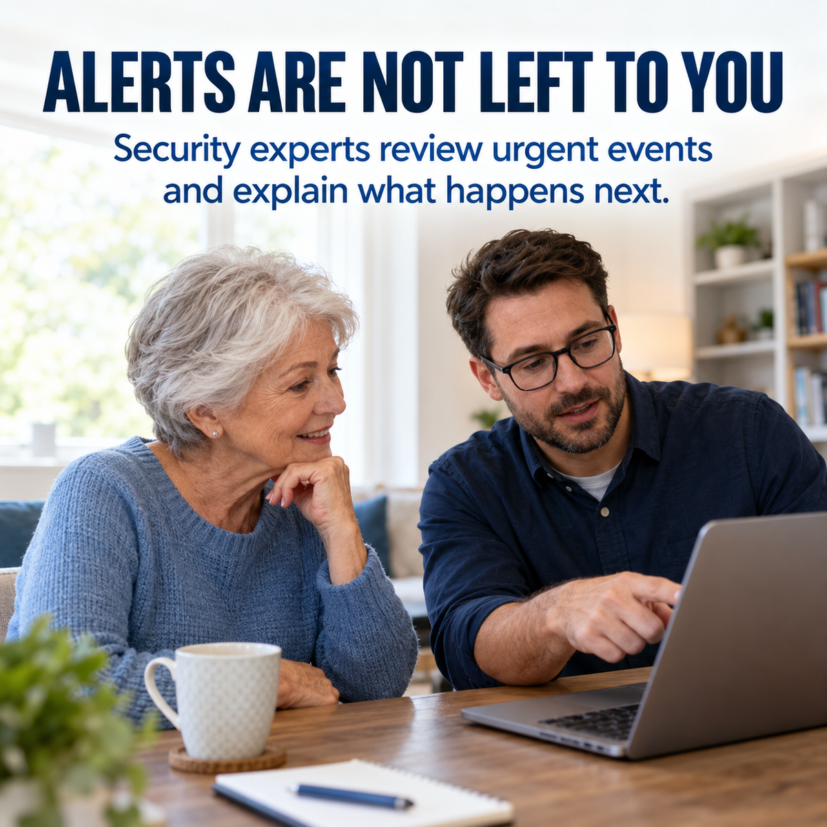 A real computer security professional explaining an urgent alert to an older customer