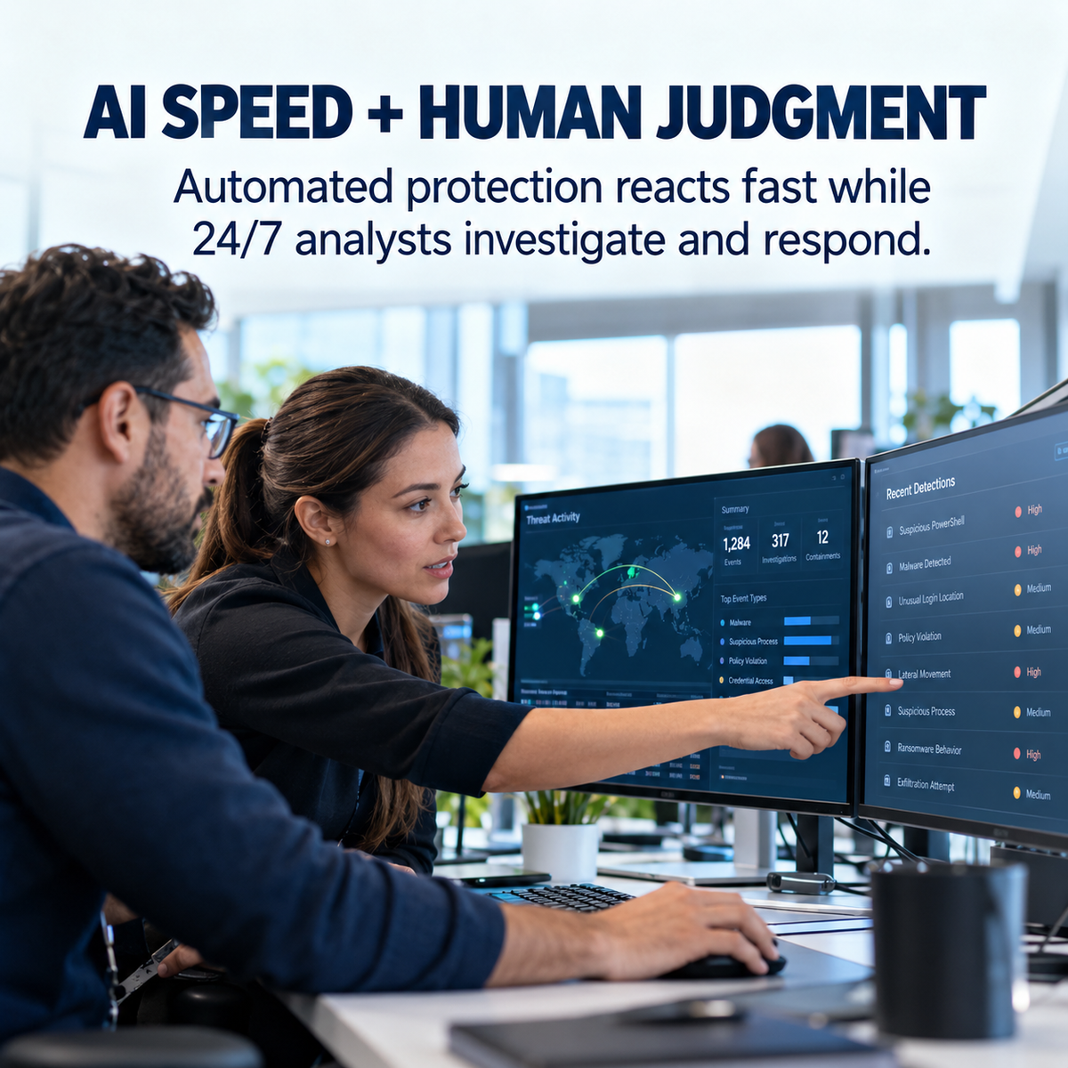 Real security analysts combining fast automated protection with human judgment