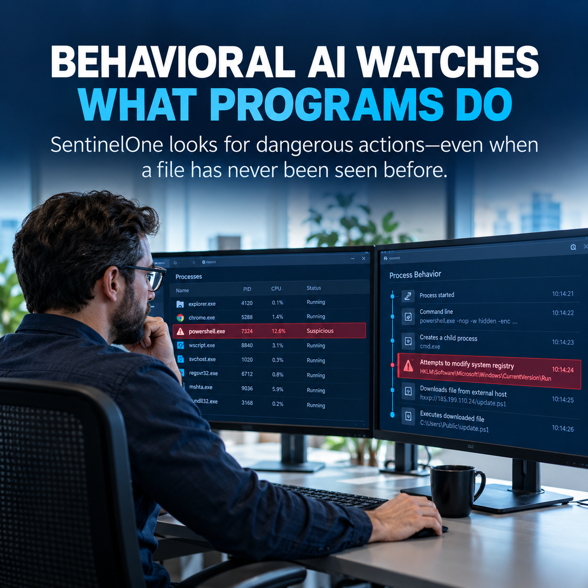 A real security analyst reviewing suspicious program behavior detected by SentinelOne