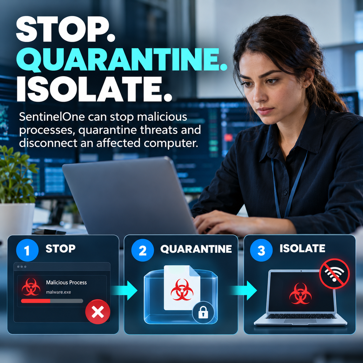 A real security analyst with the SentinelOne stop, quarantine and isolate response steps
