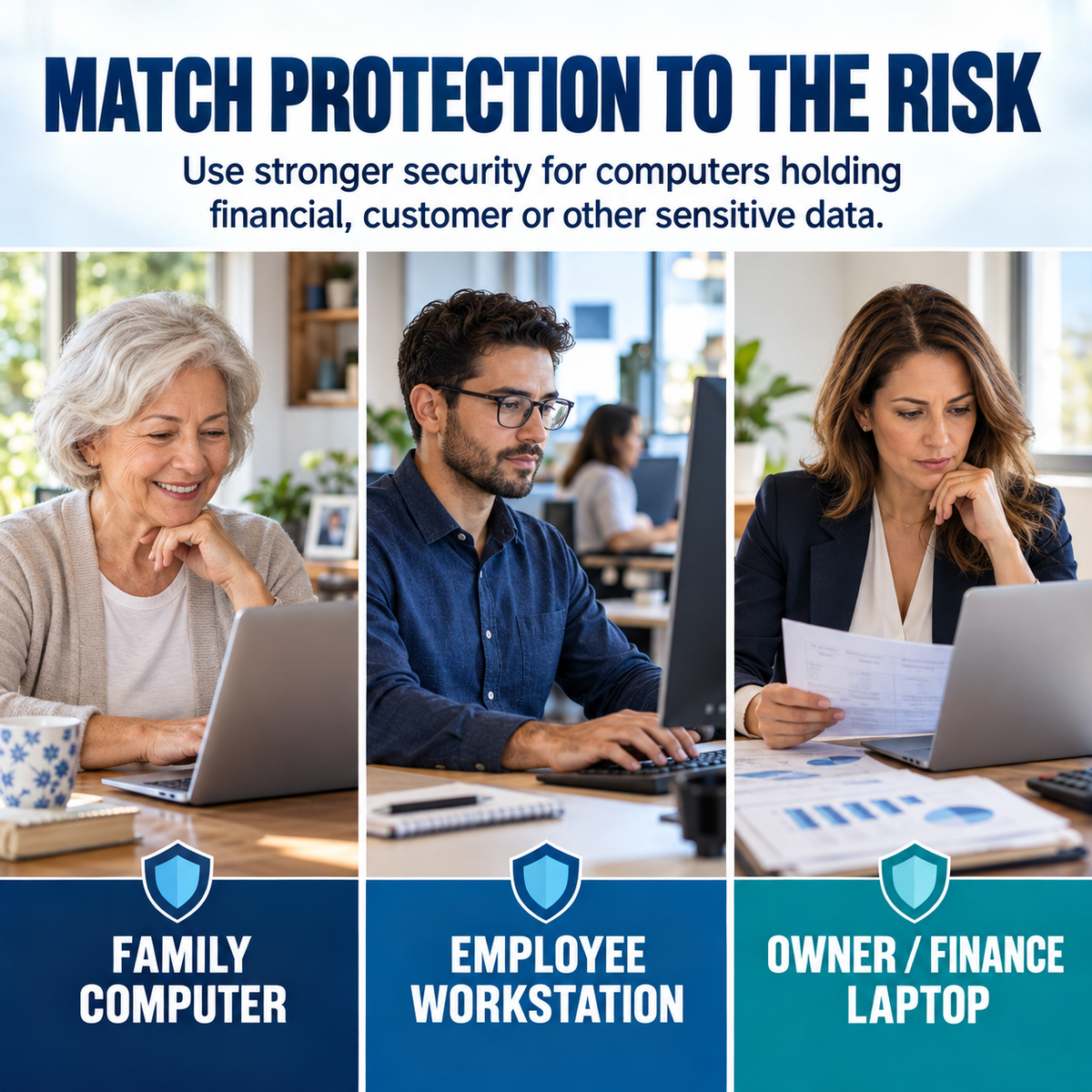 Real family, employee and business owner computers matched to their security risk