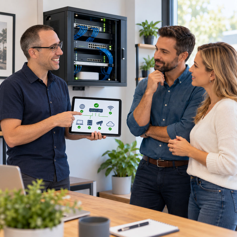 Alex discussing network monitoring with small-business clients beside a network rack