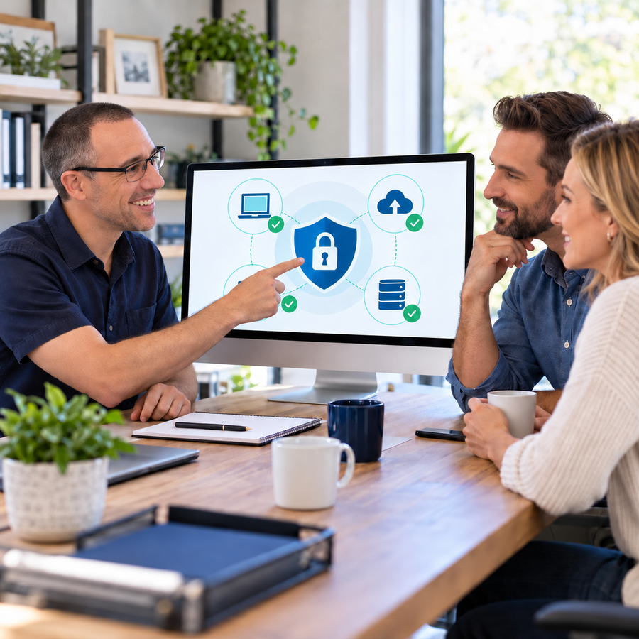 Alex creating a computer security plan with home and small-business clients