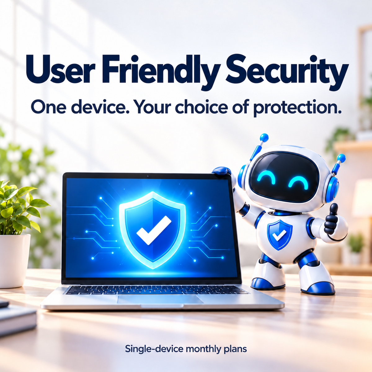 User Friendly Security: One device, your choice of protection. Laptop and friendly security robot.