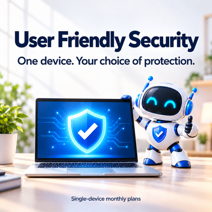 User Friendly Security: One device, your choice of protection. Laptop and friendly security robot.