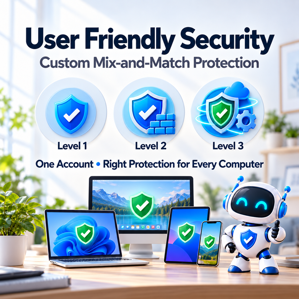 User Friendly Security custom protection plan mixing Level 1, Level 2 and Level 3 across different computers